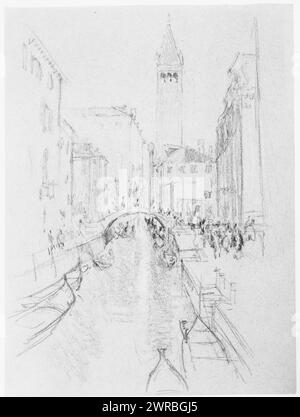 Venetian canal, Italy, Venice. View down narrow canal with moored gondolas, figures on sidewalks to either side, pointed bell tower in distance., Pennell, Joseph, 1857-1926, artist, ca. 1909, Canals, Italy, Venice, 1900-1910, Drawings, 1900-1910., Drawings, 1900-1910, 1 drawing on gray paper with black fibers: pastel crayons, sheet 31.8 x 23.7 cm Stock Photo