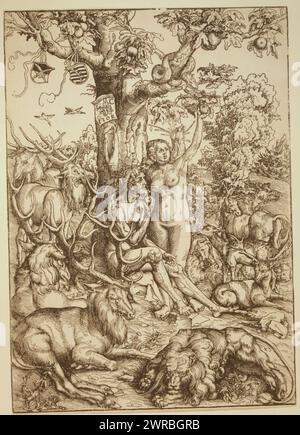 Adam and Eve in Paradise, L.C., Adam and Eve beneath an apple tree surrounded by animals., Cranach, Lucas, 1472-1553, artist, 1509., Adam, (Biblical figure), Allegorical prints, 1500-1510., Allegorical prints, 1500-1510, Woodcuts, 1500-1510, 1 print: woodcut Stock Photo