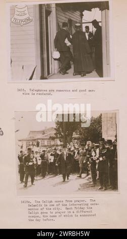 Telephones are numerous and good service is rendered The caliph comes from prayer. The Selamlik is one of the interesting ceremonies of the city. Each Friday the caliph goes to prayer in a different mosque, the name of which is announced the day before., Photographs show a telephone booth? with people and Caliph Abdülmecid walking with entourage of soldiers, officials and a brass band as women watch, Istanbul, Turkey., Carpenter, Frank G. (Frank George), 1855-1924, photographer, 1923., Abdülmecid Efendi, 1868-1944, Public appearances, Gelatin silver prints, 1920-1930. Stock Photo