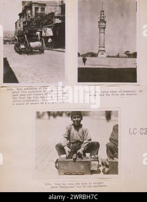 More awakening of the Turks. New motor fire apparatus to replace the hand pump and runners of ancient times. The first day this was used after the Allied withdrawal, it passed through a couple of houses on a street corner The watch tower of Stamboul. On watch here for fires and enemies, This boy uses his eyes to wriggle extra 'baksheesh' out of his customers., Photographs show a fire truck in the street, a watchtower and a shoe shine boy with box, Istanbul,Turkey., Carpenter, Frank G. (Frank George), 1855-1924, photographer, 1923., Fire engines, Turkey, Istanbul, 1920-1930 Stock Photo