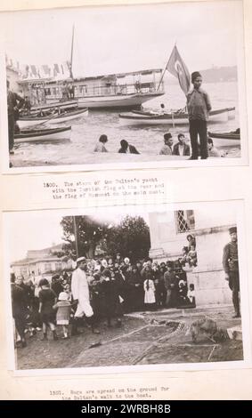 The stern of the Sultan's yacht with the Turkish flag at the rear and the flag of Moommet on the main mast Rugs are spread on the ground for the Sultan's walk to the boat., Photographs show the Caliph's yacht near a dock and crowds waiting near carpets on the ground during the Selamlik (the Caliph's procession to the mosque for prayer), Istanbul, Turkey., Carpenter, Frank G. (Frank George), 1855-1924, photographer, 1923., Yachts, Turkey, Istanbul, 1920-1930, Gelatin silver prints, 1920-1930., Gelatin silver prints, 1920-1930 Stock Photo