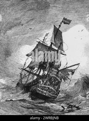 Hansa warship in the 17th century, Hanseatic League, heavy seas, storm, three-master, flag, coat of arms, sails set, historical illustration 1880 Stock Photo