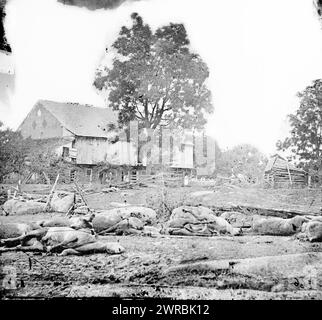 Gettysburg, Pennsylvania. View at Trostle's barn where the 9th Massachusetts Battery was cut up, O'Sullivan, Timothy H., 1840-1882, photographer, 1863 July., United States, History, Civil War, 1861-1865, Glass negatives, 1860-1870., Stereographs, 1860-1870, Glass negatives, 1860-1870, 3 negatives (4 plates): glass, stereograph, wet collodion Stock Photo