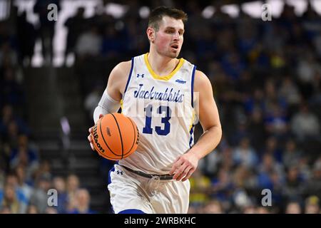 South Dakota State Jackrabbits forward Luke Appel (13) brings the ball up the court during an NCAA men's basketball semi-final between the University of St. Thomas-Minnesota Tommies and the South Dakota State Jackrabbits during the Summit League Championships at the Denny Sanford PREMIERE Center in Sioux Falls, SD on Monday, March 11, 2024. Russell Hons/CSM Stock Photo