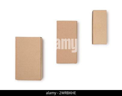 Three boxes of flat lay with shadows isolated on white background Stock Photo