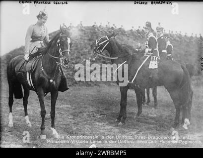 Crown Princess Cecilie and Duchess Brunswick, Photograph shows Crown Princess Cecilie Auguste Marie of Mecklenburg-Schwerin (1886-1954), wife of German Crown Prince William (left) wearing her Dragoon regiment uniform and Victoria Louise of Prussia (the Duchess of Brunswick) in the uniform of her personal Hussar Regiment., between ca. 1910 and ca. 1915, Glass negatives, 1 negative: glass Stock Photo