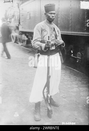 Algerian, Photograph shows a tirailleur, an infantry man in uniform from an army from French Equatorial Africa, possibly Senegal, preparing to assist France during World War I., 1914 Oct. 5, World War, 1914-1918, Glass negatives, 1 negative: glass Stock Photo