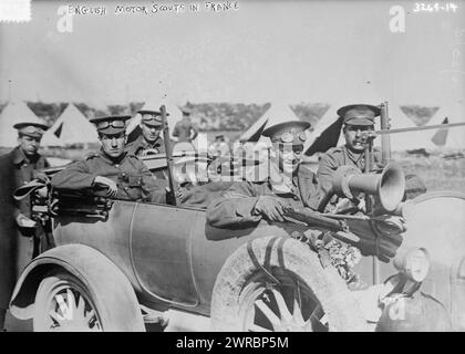English Motor scouts in France, Photograph shows English soldiers during World War I., 1914 Oct. 22, World War, 1914-1918, Glass negatives, 1 negative: glass Stock Photo