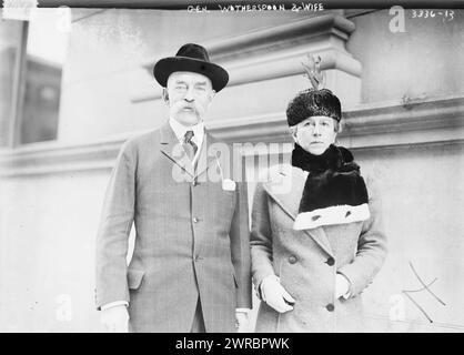 Gen. Wotherspoon & wife, Photograph shows United States Army General William Wallace Wotherspoon (1850-1921) and his wife Mary C. (Adams) Wotherspoon. General Wotherspoon served as New York Superintendant of Public works from 1915 to 1920., 1915 Jan. 12, Glass negatives, 1 negative: glass Stock Photo