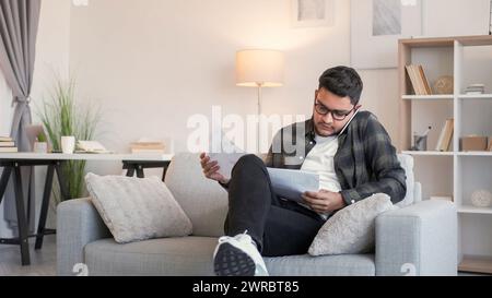 Business call discussion man report phone home Stock Photo
