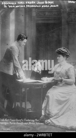 Archdukes Carl Franz Josef & Max & their mother Archduchess Maria Josefa, Photograph shows Archduke Karl Franz Joseph of Austria (the future Charles I of Austria and Charles IV of Hungary) with brother Archduke Maximillian Eugen of Austria and their mother Princess Maria Josepha of Saxony., between ca. 1910 and ca. 1915, Glass negatives, 1 negative: glass Stock Photo