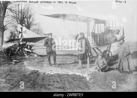 German biplane anchored to tree in Poland, Photograph shows a German Albatros B.II biplane on the ground with aviators during World War I., between 1914 and ca. 1915, World War, 1914-1918, Glass negatives, 1 negative: glass Stock Photo