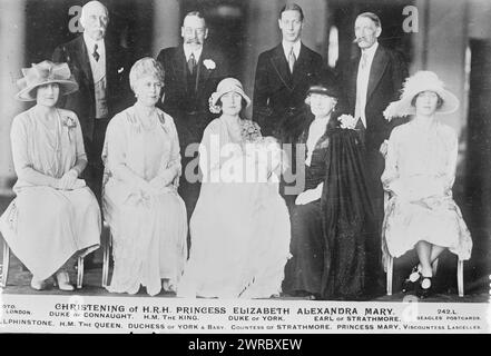 Christening of H.R.H. Princess Elizabeth Alexandra Mary, Photograph shows members of the British family, identified on negative: standing, (l-r): Duke of Connaught, H.M. the King, Duke of York, Earl of Strathmore. Seated (l-r): Lady Elphinstone, H.M. the Queen, Duchess of York & baby, Countess of Strathmore; Princess Mary, Viscountess Lascelles., between ca. 1910 and ca. 1915, Glass negatives, 1 negative: glass Stock Photo