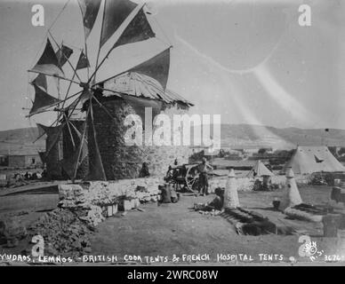 Mudros, Lemnos - British cook tents & French Hospital tents, 12/1/15, Photograph shows tents of British and French forces near a windmill at Mudros (Moudros), Lemnos, Greece during the Gallipoli Campaign during World War I., 12/1/15, World War, 1914-1918, Glass negatives, 1 negative: glass Stock Photo
