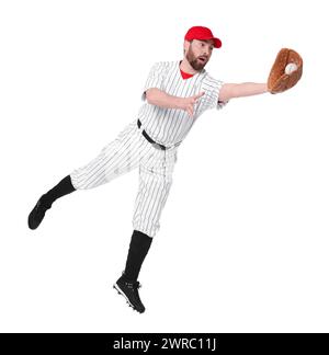 Baseball player catching ball on white background Stock Photo