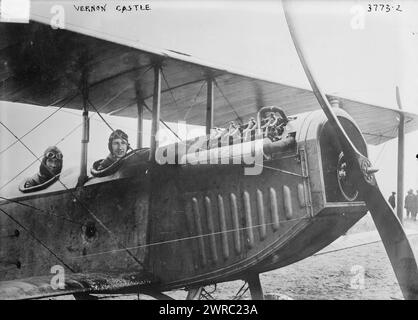 Vernon Castle, Photograph shows ballroom dancer Vernon Castle (1887-1918) in an airplane. Vernon Castle worked and taught with his wife Irene (Foote) Castle (1893-1969)., Glass negatives, 1 negative: glass Stock Photo