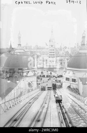 Chutes, Luna Park, Photograph shows the chute amusement park ride at Luna Park, Coney Island, New York City., between ca. 1915 and ca. 1920, Glass negatives, 1 negative: glass Stock Photo