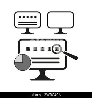 Data analysis on monitors. Search magnifying glass icon. Digital analytics concept. Vector illustration. EPS 10. Stock Vector