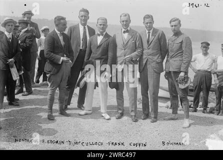 Hendricks i.e. Kendrick, B. Edgren, D. McCulloch, Frank Coffin, (i.e. Coffyn), Bowman, Photograph shows aviators Beryl H. Kendrick, Robert W. 'Bob' Edgren, David McCulloch (McCullough), Frank Trenholm Coffyn and Ripley Bowman. The second man from right may be Lawrence Burst Sperry. Aviators were attending a luncheon at the New York Flying Yacht Club station on the Hudson River on August 31, 1916., 1916 Aug. 31, Glass negatives, 1 negative: glass Stock Photo