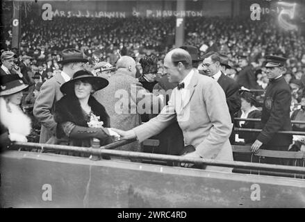 Wife of Red Sox owner, J.J. Lannin & Percy Haughton, pres. of Boston Braves (baseball), Photograph shows Hannah J. Furlong Lannin and Percy Duncan Haughton (1876-1925) at the 1916 World Series., 1915, Glass negatives, 1 negative: glass Stock Photo