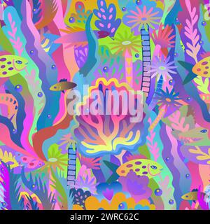 Abstract coral reef illustration. Colorful seamless pattern with neon and psychedelic bright colors. Vector decorative background. Stock Vector