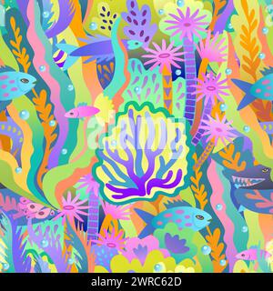 Abstract coral reef illustration. Colorful seamless pattern with neon and psychedelic bright colors. Vector decorative background. Stock Vector