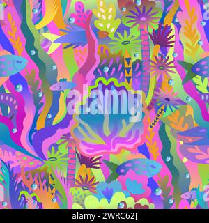 Abstract coral reef illustration. Colorful seamless pattern with neon and psychedelic bright colors. Vector decorative background. Stock Vector
