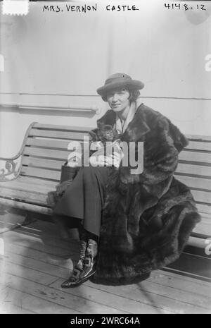 Mrs. Vernon Castle, Photograph shows ballroom dancer Irene (Foote) Castle (1893-1969) who taught and danced with her husband, Vernon Castle (1887-1918). Mrs. Castle is holding a monkey., between ca. 1915 and ca. 1920, Glass negatives, 1 negative: glass Stock Photo