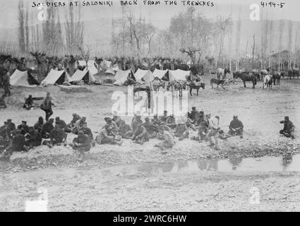 Soldiers at Saloniki Salonika back from the trenches, Photograph shows possibly Serbian troops at a tent encampment at Salonika, Greece during World War I., between ca. 1915 and ca. 1920, World War, 1914-1918, Glass negatives, 1 negative: glass Stock Photo