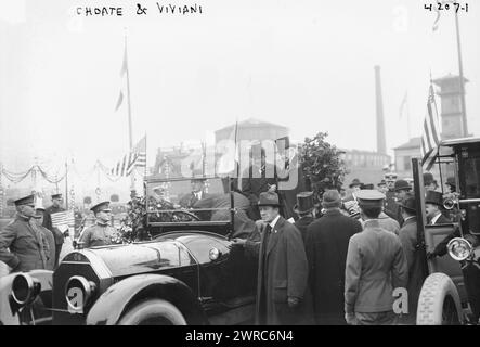 Choate & Viviani, Photograph shows British Secretary of State for Foreign Affairs, Arthur James Balfour (1848-1930) seated at left in the car next to former French prime minister René Viviani (1863-1925) during the ceremonies for the visit by the British commission to New York City on May 11, 1917. Lawyer and diplomat Joseph Hodges Choate (1832-1917) is also present., 1917 May 11, Glass negatives, 1 negative: glass Stock Photo