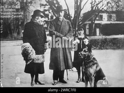Ex-Kaiser & wife, Photograph shows ex-German Emperor Wilhelm II (1859-1941) with his second wife Princess Hermine Reuss of Greiz (1887-1947), his stepdaughter, Princess Henriette of Schönaich-Carolath (1918-1972); and a dog, in Doorn, the Netherlands., 1927 May 10, Glass negatives, 1 negative: glass Stock Photo