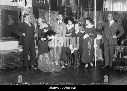 Guy Favieres, Ina Claire, Ivy Troutman, Jeanne Eagels, Mrs. Haggin, Clifton Webb, Eug. O'Brien, Ben Ali Haggin, Photograph shows rehearsals for the silent film 'National Red Cross Pageant' (1917) with actors Guy Favieres, Ina Claire (1893-1985), Ivy Troutman (1884-1979), Jeanne Eagels (1890-1929), Bonnie Glass (Mrs. Ben Ali Haggin), Clifton Webb (1889-1966), Eugene O'Brien (1880-1966) and James Ben Ali Haggin III (1882-1951)., 1917, Glass negatives, 1 negative: glass Stock Photo