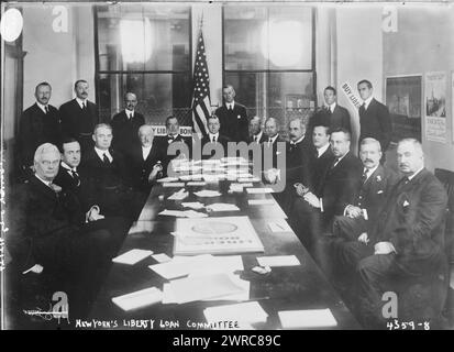 New York's Liberty loan committee, Photograph shows members of the Liberty Loan Committee, seated from left to right: Allen B. Forbes of Harris, Forbes & Co.; Charles V. Rich, vice president National City Bank; Seward Prosser, president Bankers' Trust Company; Jacob H. Schiff, Kuhn, Loeb & Co.; George F. Baker, president First National Bank; Benjamin Strong, governor Federal Reserve Bank; James F. Curtis, secretary Federal Reserve Bank; James S. Alexander, president National Bank of Commerce; J.P. Morgan; Martin Vogel, assistant treasurer United States; Albert H. Wiggins Stock Photo