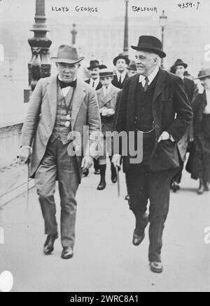 Lloyd George & Balfour, Photograph shows British Liberal Party statesman and Prime Minister David Lloyd George(1863-1945) walking with Conservative Party politician and Foreign Minister Arthur James Balfour (1848-1930) during the time of the Allied Conference in Paris, July 1917., 1917 July, Glass negatives, 1 negative: glass Stock Photo