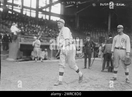 Nap Rucker, throwing, and Chief Meyers, catcher standing still, Brooklyn NL (baseball), 1917, Glass negatives, 1 negative: glass Stock Photo