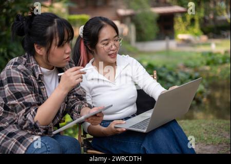 Two young Asian female friends, college students, are talking, looking at a laptop screen, and working on a project together while sitting at an outdo Stock Photo