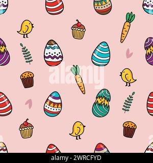 Colorful easter eggs seamless pattern doodle style. Hand drawn easter eggs collection. Vector illustration Stock Vector