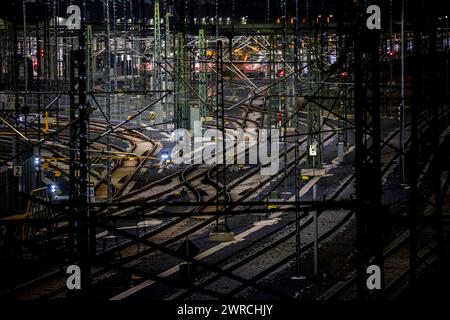 Berlin, Germany. 12th Mar, 2024. Empty tracks lead to the Rummelsburg depot with the ICE plant. The German Train Drivers' Union (GDL) has called for another 24-hour strike in the collective bargaining dispute at Deutsche Bahn for passenger and freight transport. Credit: Christoph Soeder/dpa/Alamy Live News Stock Photo