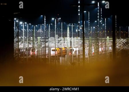 Berlin, Germany. 12th Mar, 2024. Trains are parked at the ICE depot in Rummelsburg. The German Train Drivers' Union (GDL) has called for another 24-hour strike in the collective bargaining dispute at Deutsche Bahn in passenger and freight transport. Credit: Christoph Soeder/dpa/Alamy Live News Stock Photo