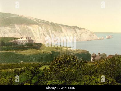 Alum Bay and the Needles, Isle of Wight, England, Image shows an aerial view of Alum Bay and the rock formations known as the Needles., between ca. 1890 and ca. 1900., England, Isle of Wight, Color, 1890-1900 Stock Photo