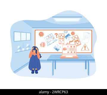 Coronavirus information overloads banners, girl hides under table. flat vector modern illustration Stock Vector