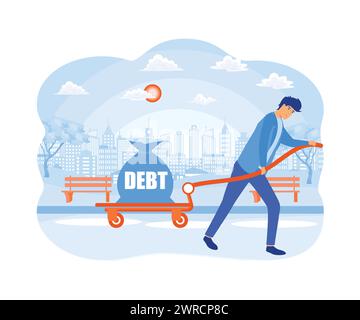 Businessman sweating and pulling a cart with text Debt on it. flat vector modern illustration Stock Vector