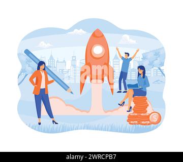 Startup launch new business concept for web page, banner, presentation, social media, business project start. launching a rocket into space. flat vect Stock Vector