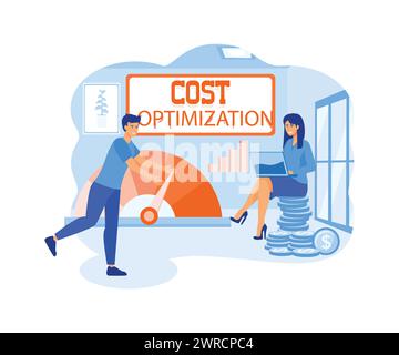 Cost optimization typography header. The idea of ​​balancing costs and income. Expenses and cost reduction, while maximizing business value. flat vect Stock Vector