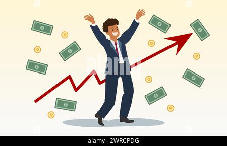 Happy businessman getting a lot of money. A successful African American businessman. Vector illustration. Stock Vector