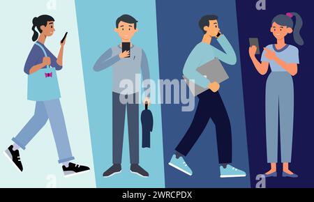 Young men and women using gadget or smartphone. Vector illustration. Stock Vector