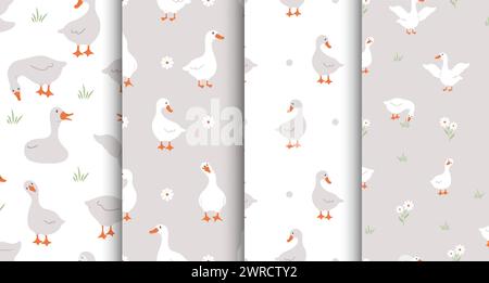 Set of patterns with cute white gooses. Domestic and wild ducks on farm. Hand drawn print. Perfect for fabric, package paper, wallpaper, postcards Stock Vector