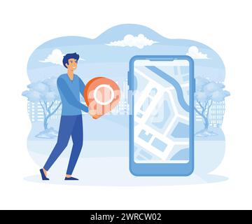 Set Geo location Concept. Male Searching Route and Looking on Map Online in Smart phone Application. flat vector modern illustration Stock Vector