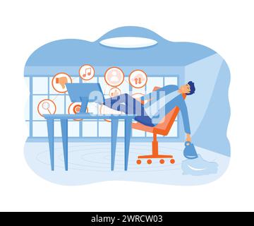 Information overload concept. Young man falls from a chair under the pressure of information from a laptop. flat vector modern illustration Stock Vector
