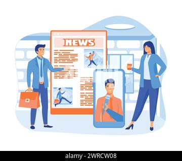 People reading print newspaper, using online news portal or website to know the latest news across the globe. flat vector modern illustration Stock Vector